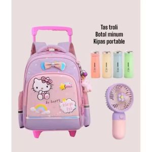 Tas ransel troli anak perempuan motif hello kittyy pita gratis botol minum kaca kipas angin mini portabel tas sekolah anak paud TK tas ransel troli tas anak