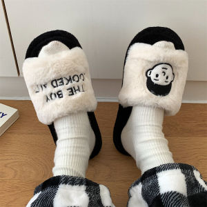 Fashionable Couple Cotton Slippers Indoor Home Wear Winter Warm Anti-Slip Plush Mens Slip-On Slippers Korean Style Cartoon