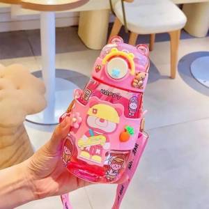600ml Cute childrens water bottle plastic cup tall water cup bear portable straw cup