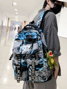 Cool Trendy Mens Backpack Large Capacity School Bag Graffiti Design Double Shoulder Bag for Junior And High School Students University Bags