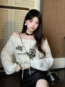 GUZILIAN | เสื้อสเวตเตอร์แขนยาวสไตล์อเมริกันพิมพ์ลายเซ็กซี่สำหรับผู้หญิง ทรงหลวม สไตล์เกาหลี ปกโปโล คอตั้ง แขนยาว ปกโปโล