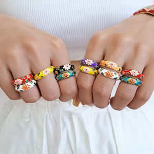 Vintage Colorful Enamel Flower Rings Trendy Geometric Female Minimalist Flower For Ladies Wedding Party Engagement Jewelry Gift