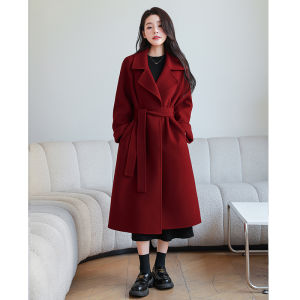 เสื้อโค้ทขนสัตว์สีแดงสองด้านสำหรับผู้หญิง ฤดูใบไม้ร่วง/ฤดูหนาว 2025 ใหม่ ความรู้สึกระดับไฮเอนด์ เสื้อโค้ทขนสัตว์ขนาดเล็ก ผ้าขนสัตว์