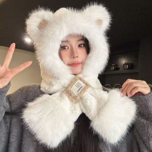 Thickened Winter Bear Plush Hat Scarf Set Womens Cute Ear Protection Cycling Cap Warm Breathable Sweet Style Non-Folding Outdoor