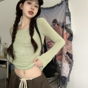 IELGY thin section long-sleeved knitted blouse womens hollow waist slim design sense niche chic halter top