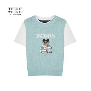 TeenieWeenie Cute Style Short Sleeve Knitted Sweater Fashionable Patchwork Design Autumn New Arrival Womens Cotton Sweatshirt