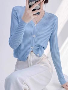 chaqi | Ice Silk Knitted Short Sleeveless Womens Cardigan Lightweight Long Sleeve Thin Outerwear For Summer Air Conditioner Coat