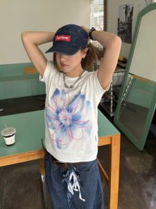 Chuan Chuan Ya Original Digital Print Elastic Short Sleeve T-Shirt Womens Spicy Summer Top Not Belly Button Exposure Cotton Blend Street Style Floral Pattern