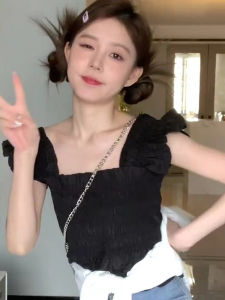 เสื้อเชิ้ตแขนกุดไหล่เดียวสไตล์ฝรั่งเศสสำหรับผู้หญิงในช่วงฤดูร้อน ทรงเข้ารูป แขนสั้น ทรงเข้ารูป สีดำ ทรงเข้ารูป เสื้อเชิ้ตผู้หญิง