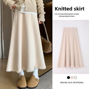 High Waist Knitted Half Skirt Womens Autumn Winter New Style Elastic Waist Full A-Line Umbrella Skirt Slimming Midi Skirt