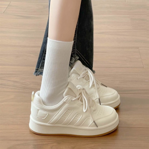 Casual Korean Style Womens Board Shoes Spring Autumn Thick Bottom Heightening Bread Shoe Flat Laces round Toe Rubber Outsole