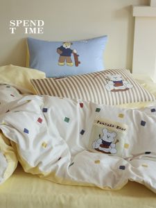 Cute Bear Breathable Soft Pure Cotton Double Layered Bedding Set Dormitory Three Piece Quartet Bed Sheet Cartoon Design