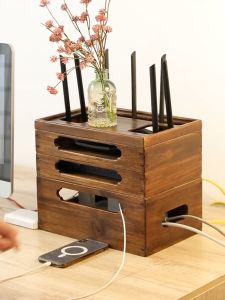 Teak Wireless WiFi Router Storage Box Modem Router Cover Power Strip and Cable Management Hidden Rack Office Desktop Storage Rack