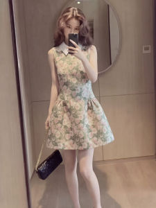 YIKEMAI | French Style Sleeveless Floral Doll Collar Flared Hem Womens Dress
