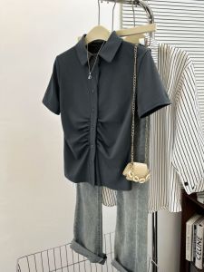 plus Size Womens French Waist Shirt Spring Summer 2024 Pure Desire Chic Korean Style Short Sleeve Polo Collar Slim Fit Top