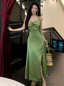 Elegant Summer Long Dress Hanging Neck Belted Green Colorful Womens High Waist Polyester Fiber No Sleeve Zipper Closure