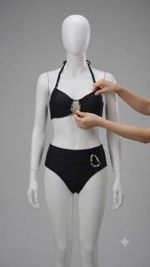 JEWELRY SEN Women Black Metal Ring Bandeau Halter Bikini Set High Waist 2‑Piece Summer Beach Bathing Suit