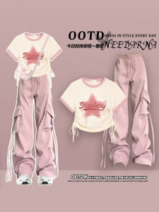 Dopamine Sweet Spicy Girl Set Women Summer Outfit Cool Streetwear Two Piece Set Workwear Pants Long Sleeve round Neck Top