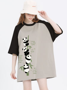 Panda Pattern Short Sleeve T-Shirt Womens Loose Fit Shoulder Print Color Block Small Size Streetwear round Neck Cotton Top