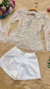 MyDu Shop | MS 2751 – Set Bộ Áo Ren Tay Dài + Quần Short Tapta – Thanh Lịch & Mát Mẻ