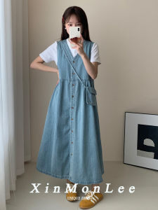XinmonLee Hong Kong Style Simple V-neck Sleeveless Denim Vest Dress Long A-line Skirt Womens Clothing Commute Korean Version