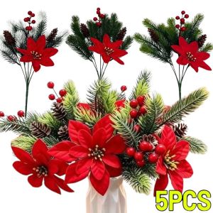YESPERY 5Pcs Artificial Poinsettia Flower Bouquets Red Berry Christmas Pine Branches Xmas Tree Wreath DIY Christmas Decoration