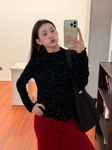 French Style Long Sleeve Half High Collar Knitted Sweater Women Early Autumn Luxury Sensation Dot Pattern Inner Wear Top