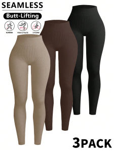 3 Packs Ribbed Seamless Leggings For Women-No See-Through High Waisted Tummy Control Yoga Pants For Workout Athletic Running