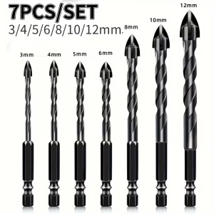 7-Piece Set 4-Flute Carbide Drills for Ceramic Cast Iron and Concrete - Hex Shank Dry Drilling Tools.