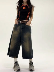 Jumbo 5XL Celana Jeans Jorts panjang 7/8 wanita korean style casual vintage baggy pants denim kulot dewasa