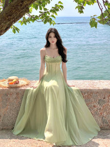 Váy Xòe Cạp Cao Màu Xanh Lá Cây Thanh Lịch Mùa Hè Váy Dự Tiệc Bãi Biển Dài Không Tay Váy Maxi Che Mông Cho Nữ