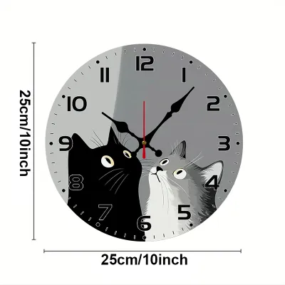 Black And White Cats Wooden Round Silent Hanging Wall Clock Suitable For Living RoomOfficeStudy RoomBedroom Home Decoration