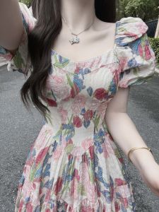 French Style Floral Print Summer Dress Slimming Waist High Neck A-Line Skirt Short Sleeve Long Dress for Tea Break Beach Holiday