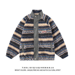 เสื้อกันหนาวบุใยฝ้ายขนแกะคอตั้งลายทางแบบปะต่อสไตล์ชนเผ่าแนววินเทจสำหรับผู้หญิงเสื้อกันหนาวบุใยฝ้ายบุขนกำมะหยี่หนาพิเศษกันหนาวแฟชั่นสำหรับฤดูหนาว