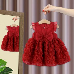 Summer Princess Dress for Girls Red Skirt Infant One Year Old Gift Clothes Cotton Material Childrens Clothing Baby Girl Dress