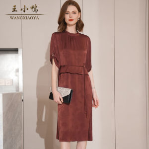 Elegant Red Ladys Dress by Wang Xiaoya Summer New Style Retro Print Polyester Fiber Five-Quarter Sleeve Zipper Closure H-Shape