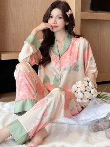ชุดนอนไหมไหมน้ำแข็งสำหรับผู้หญิง แขนยาวบาง คุณภาพสูง ฤดูใบไม้ผลิและฤดูร้อน ชุดอยู่บ้าน เสื้อผ้าสำหรับใส่ในบ้าน ชุดนอนไหมพิมพ์ลาย