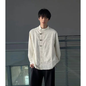 New Chinese Style Mens Shirt High-End Sensation Improved Version Hanfu Side Buttoned Shirt Zen Engagement Zhongshan Tang Costume