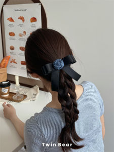 Classic Dali Denim Blue Handmade Rose Tea Flower Hair Clip with Black Butterfly Knot Side Clip Hair Accessory for French Style