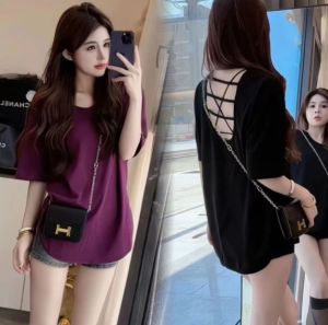 Hollow Back Open Back Short Sleeve T-shirt for Women 2025 Summer Slouchy Loose Mid Length Top