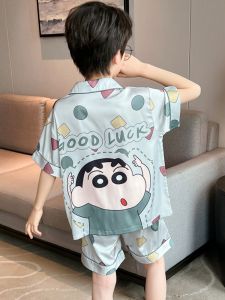Boys Summer Thin Short Sleeve Silk Pajamas Set Cartoon Home Clothes Air Conditioner Suit Ice Silk Sleepwear Breathable Moisture Wicking