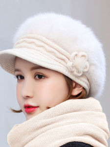 Thickened Warm Knitted Hat Womens Winter Beret Cap Korean Style Rabbit Fur Ear Protection Fashionable Street Style Cap