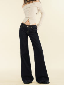 Original Color Low Waist Bell Bottom Jeans Womens Deep Blue American Retro Non-Matching Leggings Pants Spring Autumn Cotton