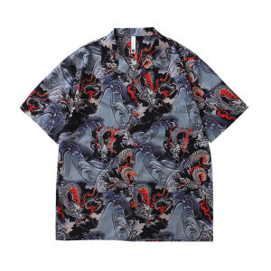 Dragon Print Ice Silk Short Sleeve Shirt Mens Womens Loose Retro Hong Kong Style Couples Summer Trendy Top Henterlad Commute Style