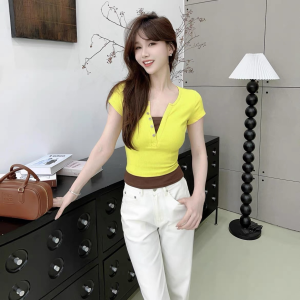 Kaka Womens Store Vitality Color Block Button V-neck Fake Two-Piece T-shirt Short Sleeve Womens Top Cotton Blend Summer