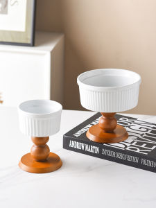 Elegant Wooden High Foot Ceramic Cake Ice Cream Dessert Cup American Retro Style Pure Color Ins Style Home Dining Utensils