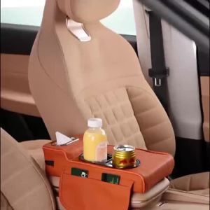 Car Center Console Armrest Cushion with Dual Cup Holders Tissue Box Side Pocket PU Leather Arm Rest Cover for Universal Cars