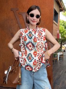 YUFUQING | เสื้อเชิ้ตคอตั้งพิมพ์ลายสไตล์ฝรั่งเศสย้อนยุคสำหรับผู้หญิง แขนกุด ทรงหลวม ฤดูร้อน 2025 เสื้อเชิ้ตคอกลมแขนยาวแบบลำลอง