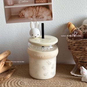 Ly Thủy Tinh Đáng Yêu Hình Thỏ Có Nắp và Ống Hút