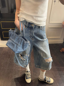 กางเกงยีนส์ขาดๆ 7 ฟุตสำหรับผู้หญิง ทรงหลวมๆ สไตล์อเมริกัน ทรงเข้ารูป เอวสูง ผ้ายีนส์คอตตอนยืด ฤดูใบไม้ผลิและฤดูร้อน